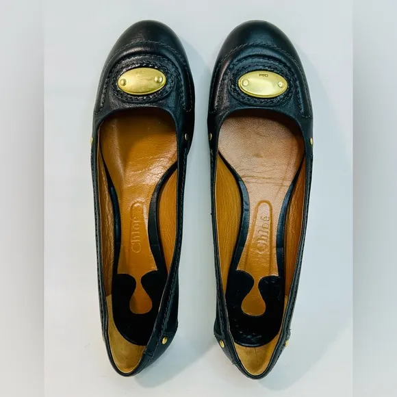 Chloe Black Leather Ballet Flats Brass Logo Nameplate Vintage size 41 / 11 US
