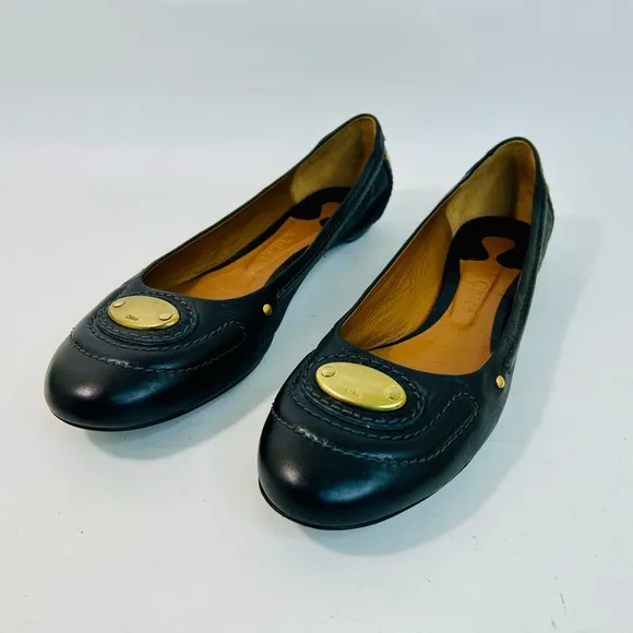 Chloe Black Leather Ballet Flats Brass Logo Nameplate Vintage size 41 / 11 US
