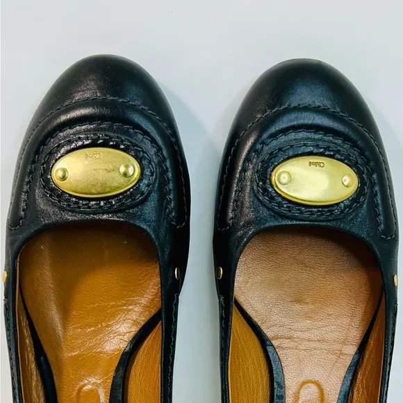 Chloe Black Leather Ballet Flats Brass Logo Nameplate Vintage size 41 / 11 US