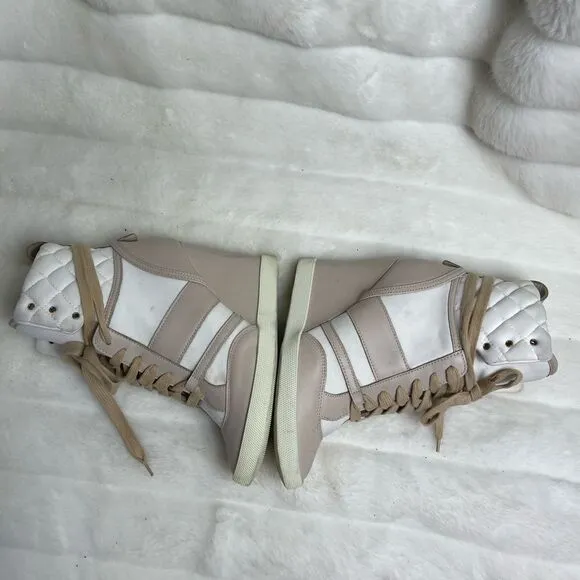 Chloe high top wedge sneakers in white suede and tan leather trim size E…