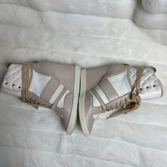 Chloe high top wedge sneakers in white suede and tan leather trim size E…