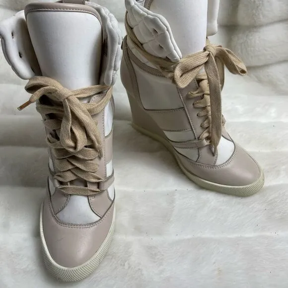 Chloe high top wedge sneakers in white suede and tan leather trim size E…