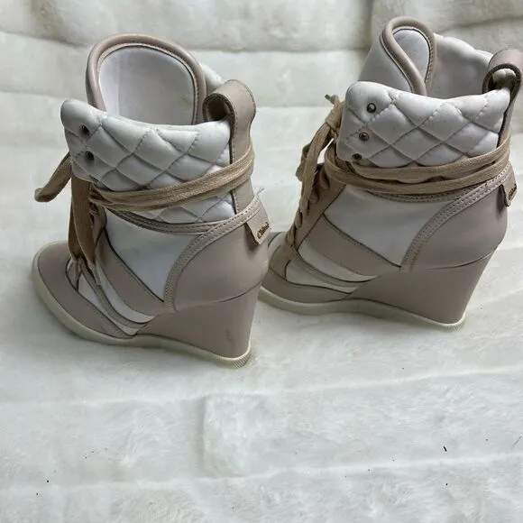 Chloe high top wedge sneakers in white suede and tan leather trim size E…