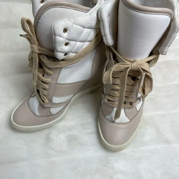 Chloe high top wedge sneakers in white suede and tan leather trim size E…
