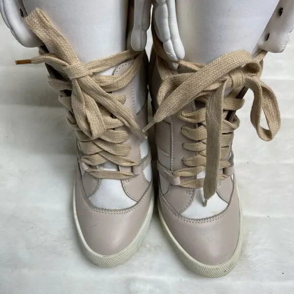 Chloe high top wedge sneakers in white suede and tan leather trim size E…