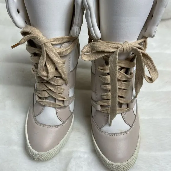 Chloe high top wedge sneakers in white suede and tan leather trim size E…