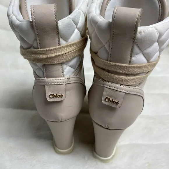 Chloe high top wedge sneakers in white suede and tan leather trim size E…