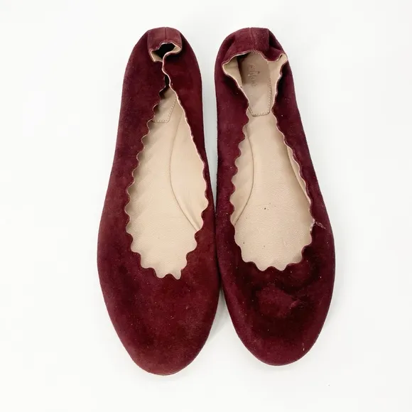 Chloe Women’s Scalloped Lauren Ballet Flats Sz 7.5 Burgundy Velvet