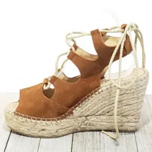 Chocolate Blu Leather Espadrilles Lace-Up Wedges 40 US 9