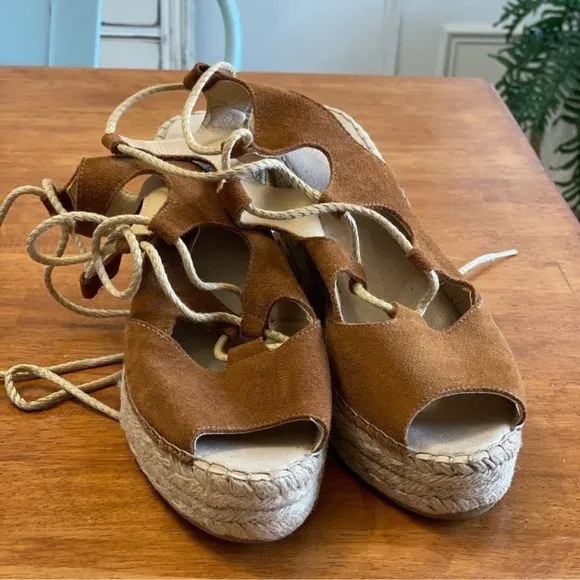 Chocolate Blu Leather Espadrilles Lace-Up Wedges 40 US 9