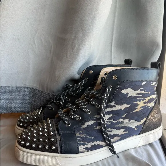Christian Louboutin Black and Gray Studded High-Top Sneakers