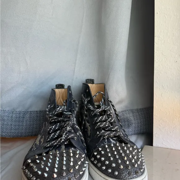Christian Louboutin Black and Gray Studded High-Top Sneakers