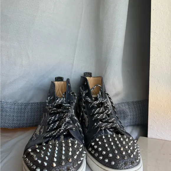 Christian Louboutin Black and Gray Studded High-Top Sneakers