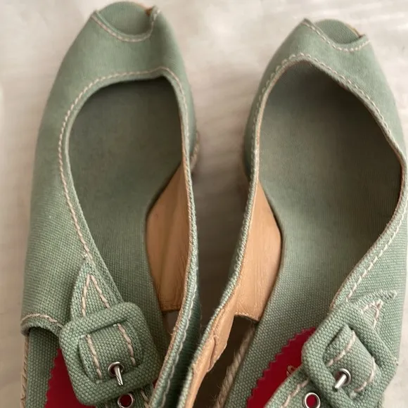 Christian Louboutin Fabric Wedge Espadrille Heels Light Sage Green size 41