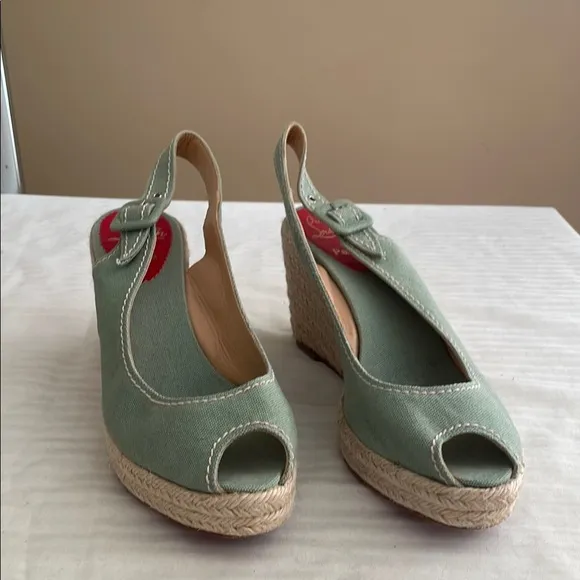 Christian Louboutin Fabric Wedge Espadrille Heels Light Sage Green size 41
