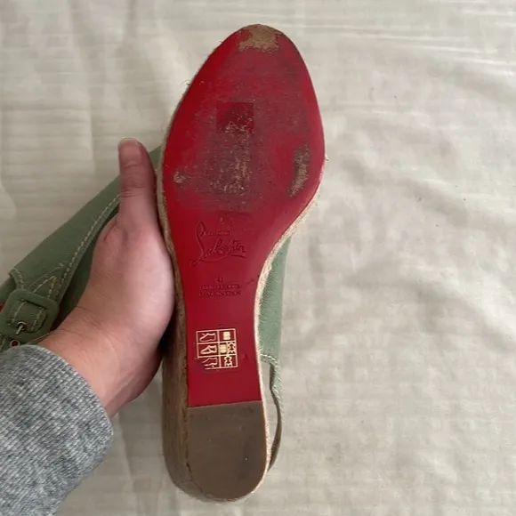 Christian Louboutin Fabric Wedge Espadrille Heels Light Sage Green size 41