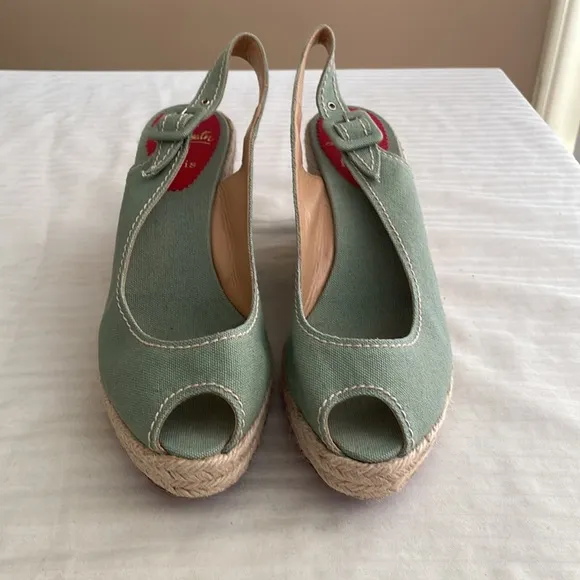 Christian Louboutin Fabric Wedge Espadrille Heels Light Sage Green size 41