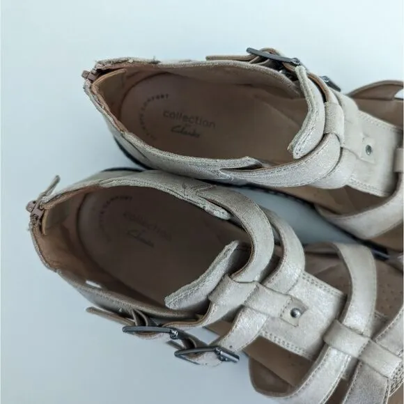 Clarks Metallic Tan Strappy Buckle Faux Leather Sandals Women's 9.5