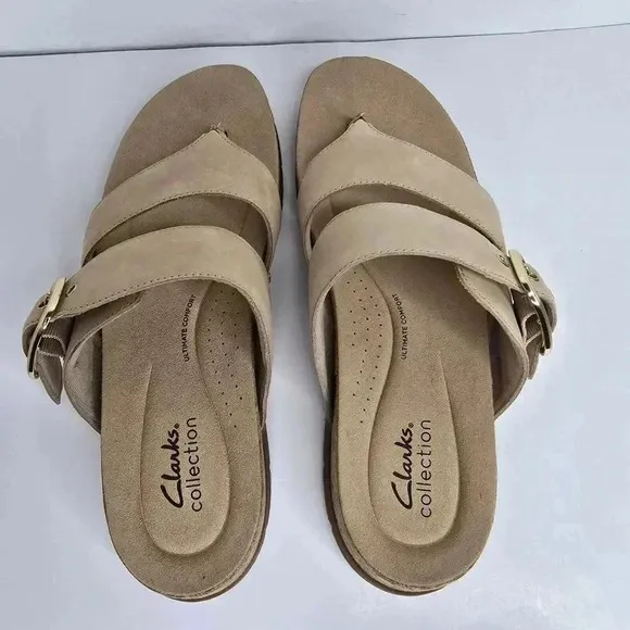 CLARK'S Women's Reileigh Park Flat Thong Sandal Resort Summer Beige Leather 9.5