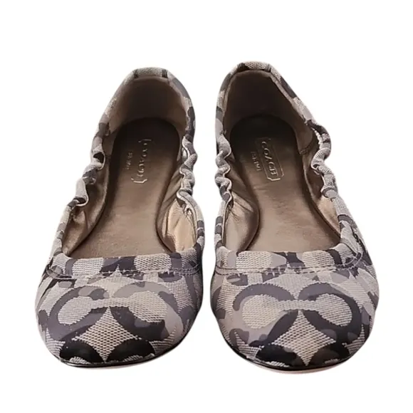COACH Aly Scrunchy Ballet Flats 6 Signature C Logo Jacquard Gray Silver