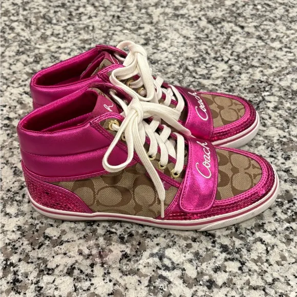Coach High Top Sneakers Women's size 8 Pink Sequin Monogram Coach New