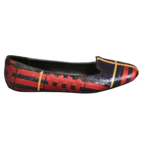 Coach Women’s 7B Red Gold Sequin Plaid Tartan Deborah Ballet Flats Loafer