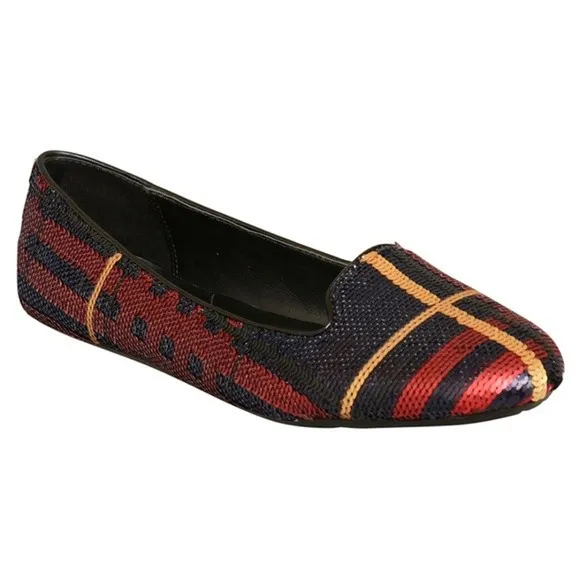 Coach Women’s 7B Red Gold Sequin Plaid Tartan Deborah Ballet Flats Loafer