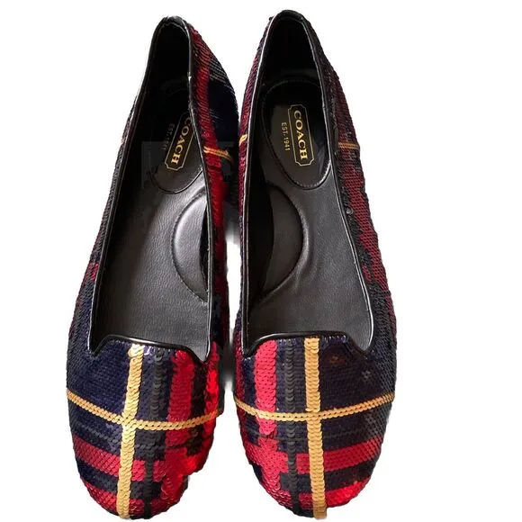 Coach Women’s 7B Red Gold Sequin Plaid Tartan Deborah Ballet Flats Loafer