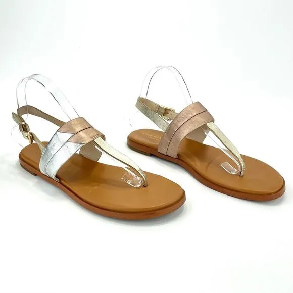 COLE HAAN GRAND 360 “AINSLEE”METALLIC LEATHER T-STRAP FLAT THONG SANDAL