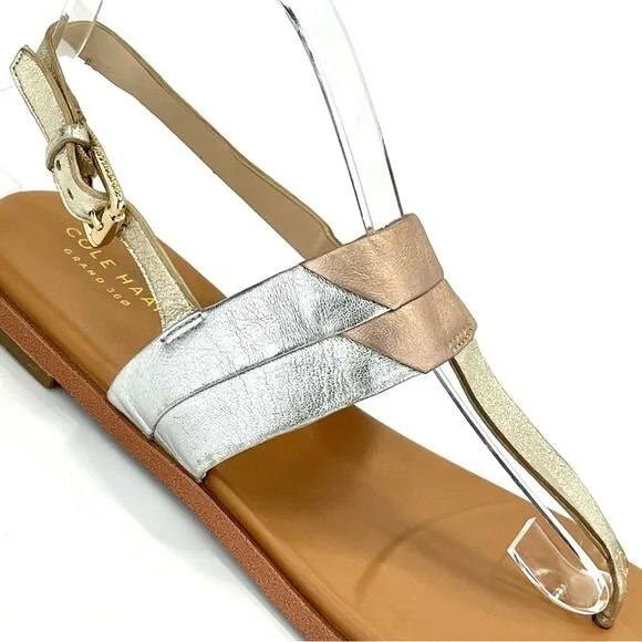 COLE HAAN GRAND 360 “AINSLEE”METALLIC LEATHER T-STRAP FLAT THONG SANDAL