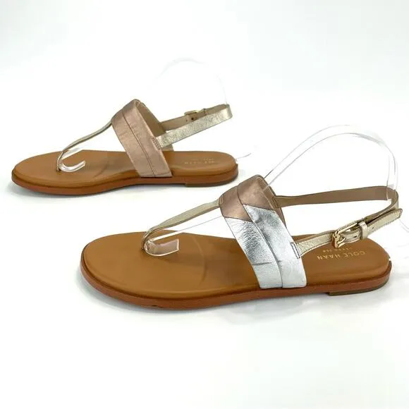 COLE HAAN GRAND 360 “AINSLEE”METALLIC LEATHER T-STRAP FLAT THONG SANDAL