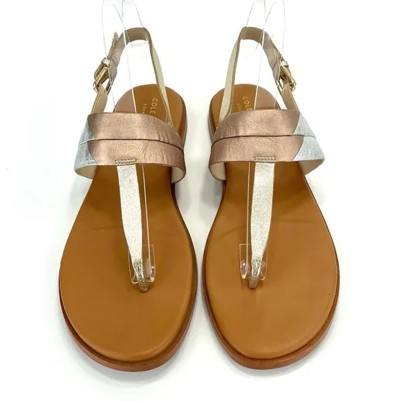 COLE HAAN GRAND 360 “AINSLEE”METALLIC LEATHER T-STRAP FLAT THONG SANDAL