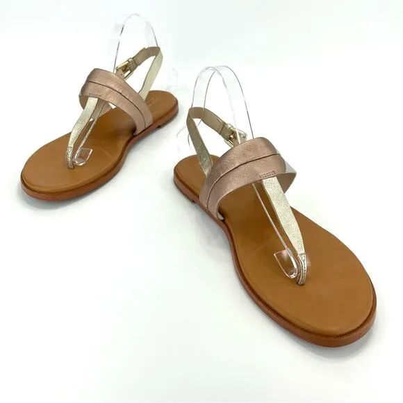 COLE HAAN GRAND 360 “AINSLEE”METALLIC LEATHER T-STRAP FLAT THONG SANDAL