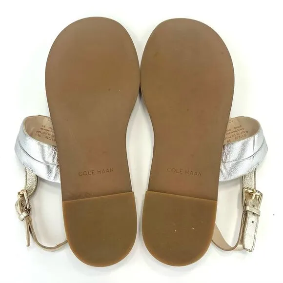 COLE HAAN GRAND 360 “AINSLEE”METALLIC LEATHER T-STRAP FLAT THONG SANDAL