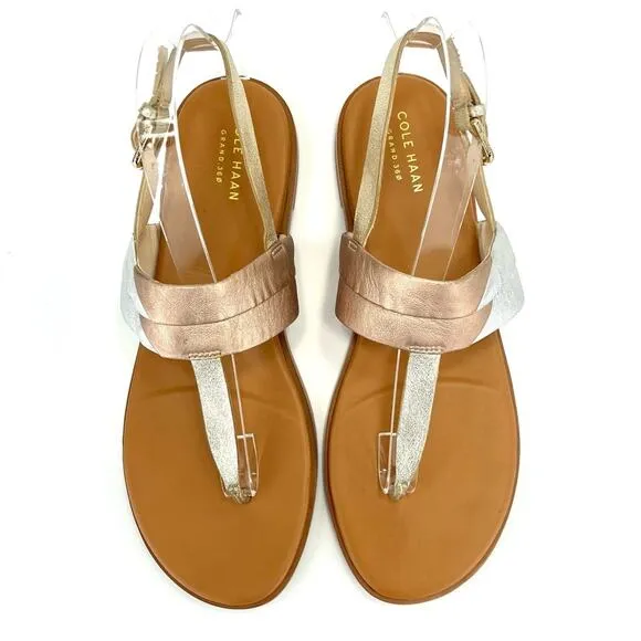 COLE HAAN GRAND 360 “AINSLEE”METALLIC LEATHER T-STRAP FLAT THONG SANDAL