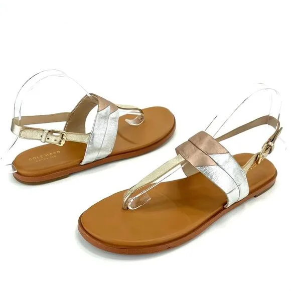 COLE HAAN GRAND 360 “AINSLEE”METALLIC LEATHER T-STRAP FLAT THONG SANDAL
