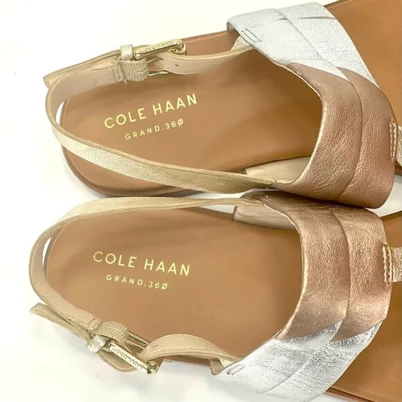 COLE HAAN GRAND 360 “AINSLEE”METALLIC LEATHER T-STRAP FLAT THONG SANDAL