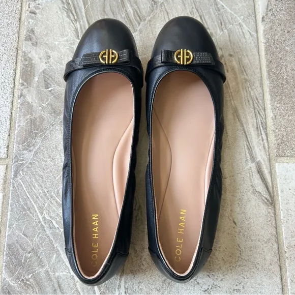 Cole Haan, Like New Women's Tova Bow Black Leather Ballet Flats, Size 11B