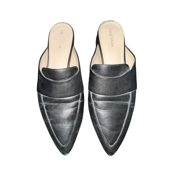 Cole Haan Mule Loafers Slip On Almond Toe Dress Black Leather Size 7B