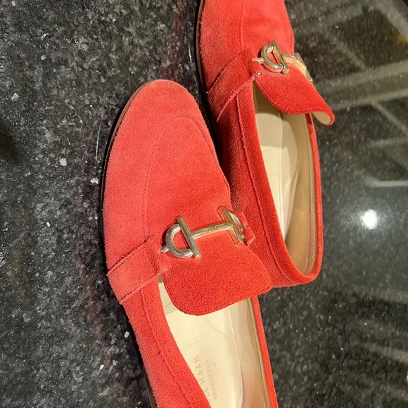 Cole Haan Red Suede Loafers with Gold Hardware