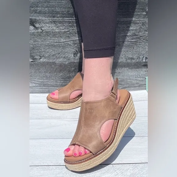 Corkys Footwear K Bye Tan Wedge Espadrilles Jute Wrapped Outsole