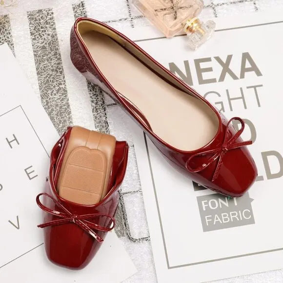 Dear Time Flat Shoes Women Red Leather Casual Foldable Ballet Comfortable Shoes