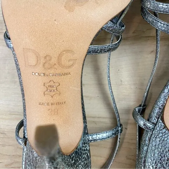 Dolce &amp; Gabbana Silver Strappy Sandals Heel Shimmery Silver Women’s 8 Authentic