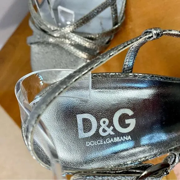 Dolce &amp; Gabbana Silver Strappy Sandals Heel Shimmery Silver Women’s 8 Authentic