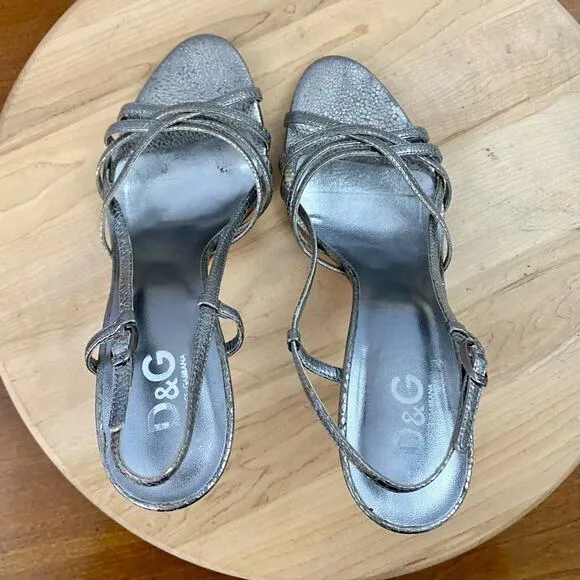 Dolce &amp; Gabbana Silver Strappy Sandals Heel Shimmery Silver Women’s 8 Authentic