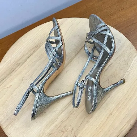Dolce &amp; Gabbana Silver Strappy Sandals Heel Shimmery Silver Women’s 8 Authentic