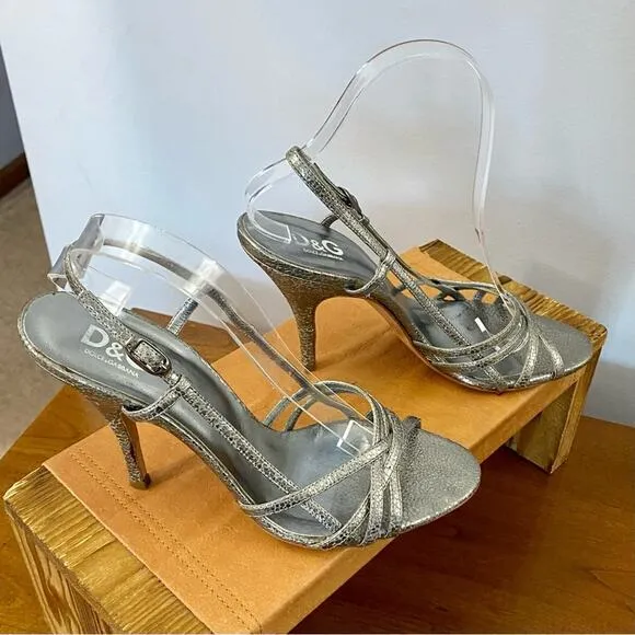 Dolce &amp; Gabbana Silver Strappy Sandals Heel Shimmery Silver Women’s 8 Authentic