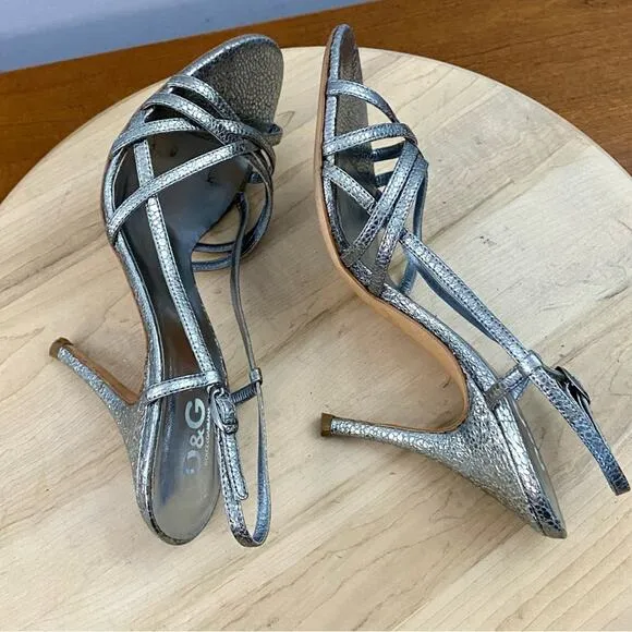 Dolce &amp; Gabbana Silver Strappy Sandals Heel Shimmery Silver Women’s 8 Authentic