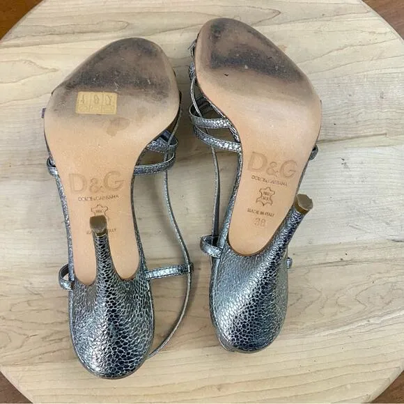 Dolce &amp; Gabbana Silver Strappy Sandals Heel Shimmery Silver Women’s 8 Authentic