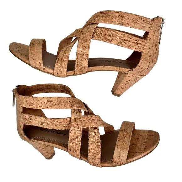 Donald J Pliner Vida Strappy Cork Heeled Sandals Beige Tan SZ 8